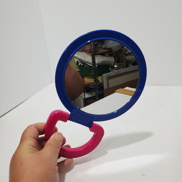 Vtg 90's Hand Held Mirror 6" x 8.5" Stand-Up Two Sided Pink and Blue-Violet - Picture 7 of 8